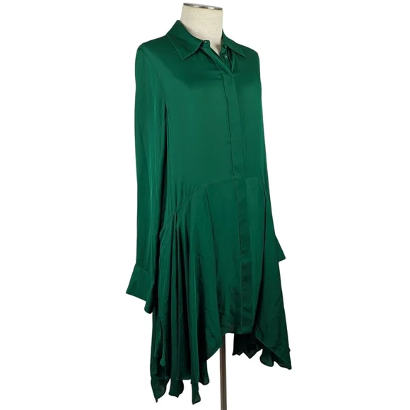 alice+olivia Avita Shirtdress Long Sleeve Above Knee Asymmetric Hem Green M NWT - Picture 8 of 14